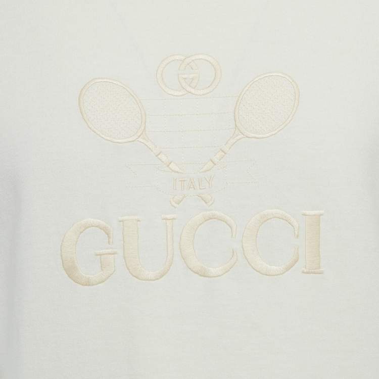 مملوكة مسبقًا Gucci Cream Tennis Logo Embroidered Cotton Oversized T-Shirt XS