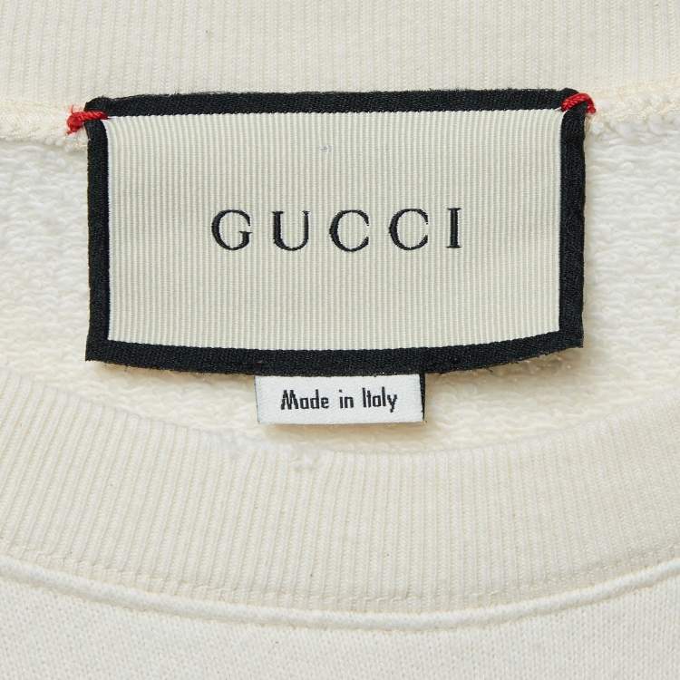 Pre Owned Gucci Cream Printed & Distressed Cotton Knit Sweatshirt S