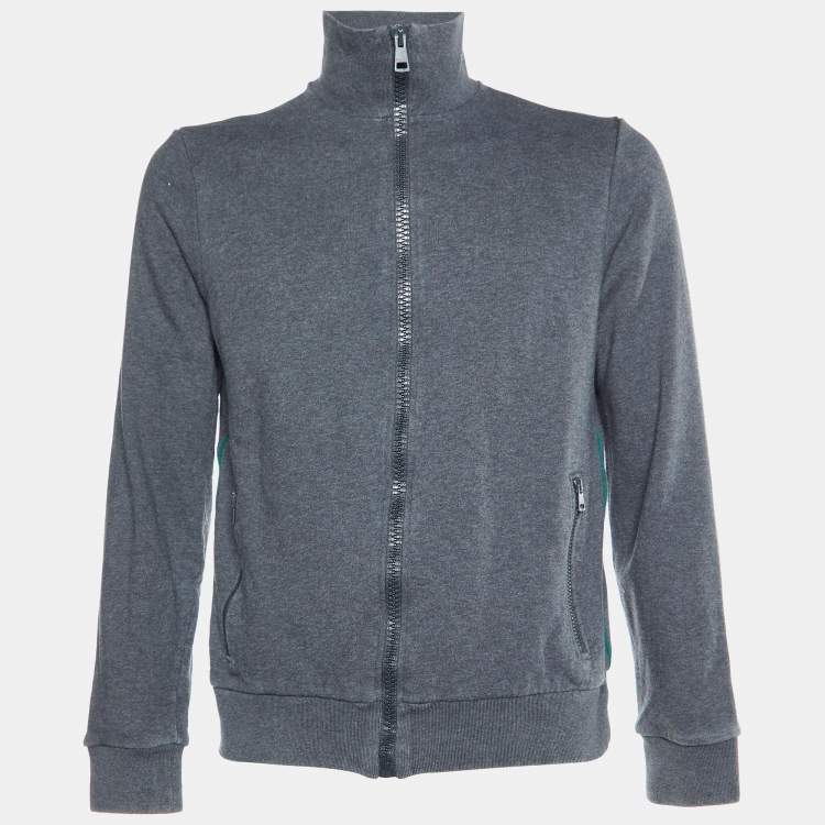 Pre Owned Gucci Grey Cotton Knit Zip-Up Contrast Trimmed Jacket L