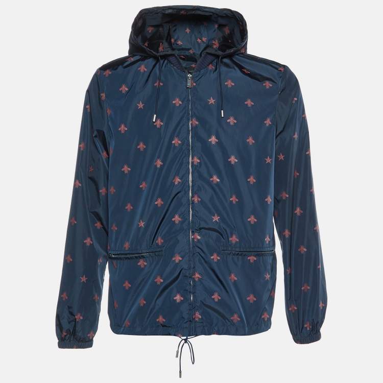 Gucci Navy Blue Wasp Print Synthetic Detachable Hoodie Windbreaker Jacket M Gucci The Luxury Closet