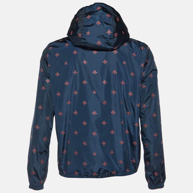 Pre Owned Gucci Navy Blue Wasp Print Synthetic Detachable Hoodie Windbreaker Jacket M