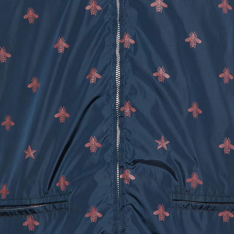 Pre Owned Gucci Navy Blue Wasp Print Synthetic Detachable Hoodie Windbreaker Jacket M