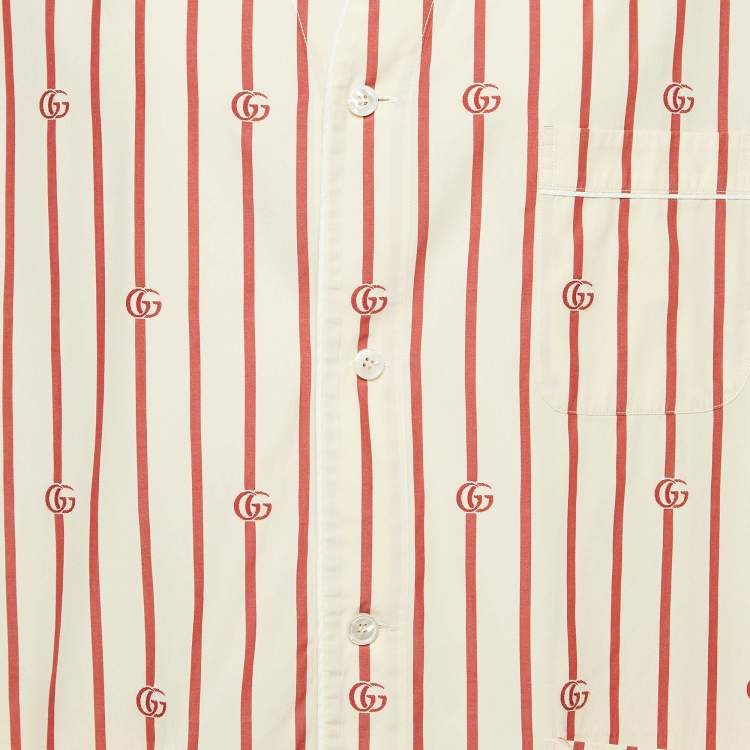 Pre Owned Gucci Cream GG Striped Cotton Bowling Shirt XXL