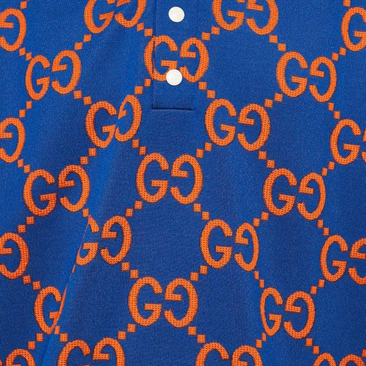 Pre Owned Gucci Blue/Orange GG Jacquard Jersey Polo T-Shirt XL