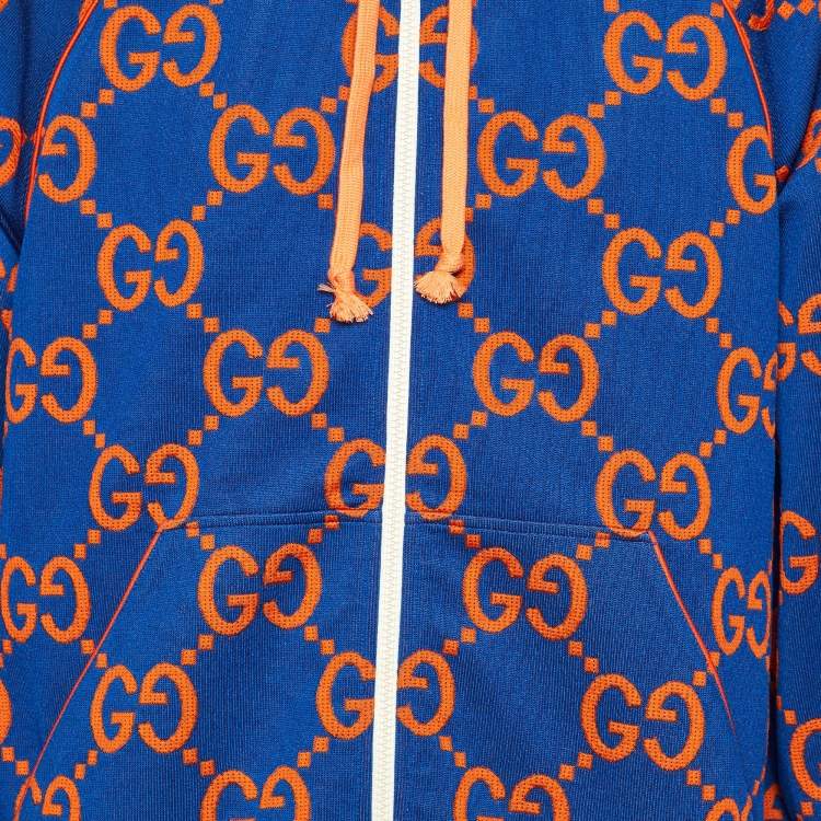 Pre Owned Gucci Blue Monogram Jacquard Jersey Zip-Up Hooded Jacket XL