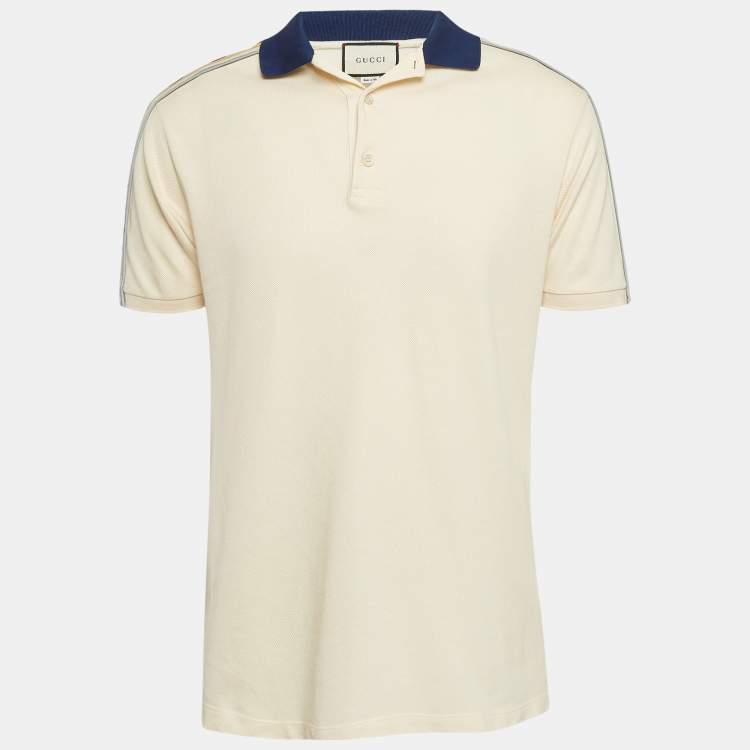 Pre Owned Gucci Cream Interlock GG Stripe Cotton Polo T-Shirt M