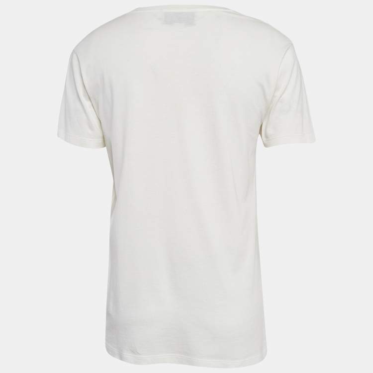 Pre Owned Gucci Off-White Logo Print Cotton Knit Rabbit Patch Detail T-Shirt XS