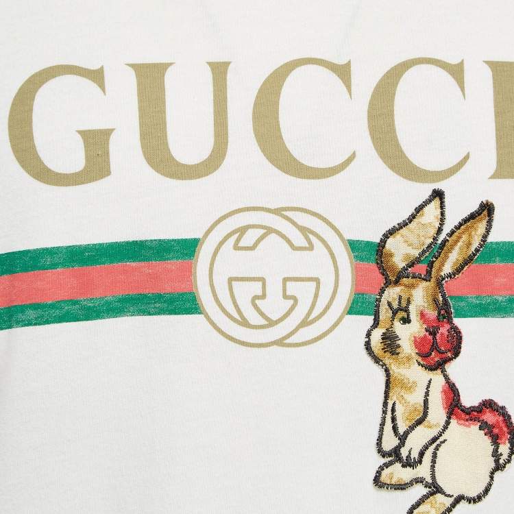Pre Owned Gucci Off-White Logo Print Cotton Knit Rabbit Patch Detail T-Shirt XS