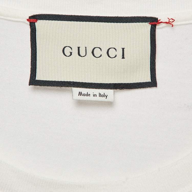Pre Owned Gucci Off-White Logo Print Cotton Knit Rabbit Patch Detail T-Shirt XS