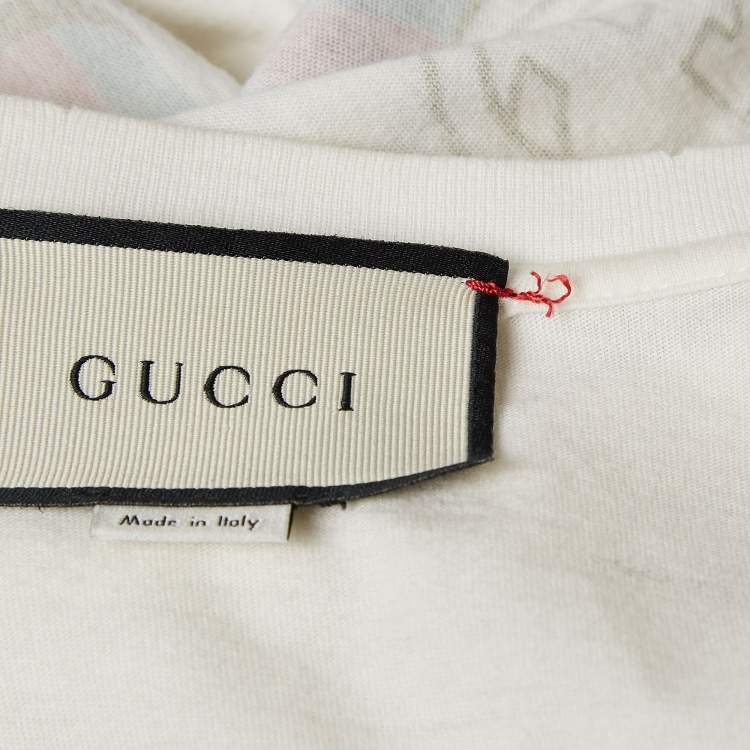 Pre Owned Gucci Off-White Logo Print Cotton Knit Rabbit Patch Detail T-Shirt XS