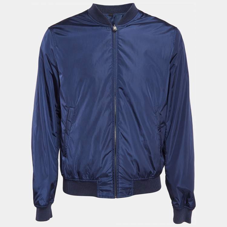 Pre Owned Gucci Navy Blue Synthetic Monogram Reversible Bomber Jacket L