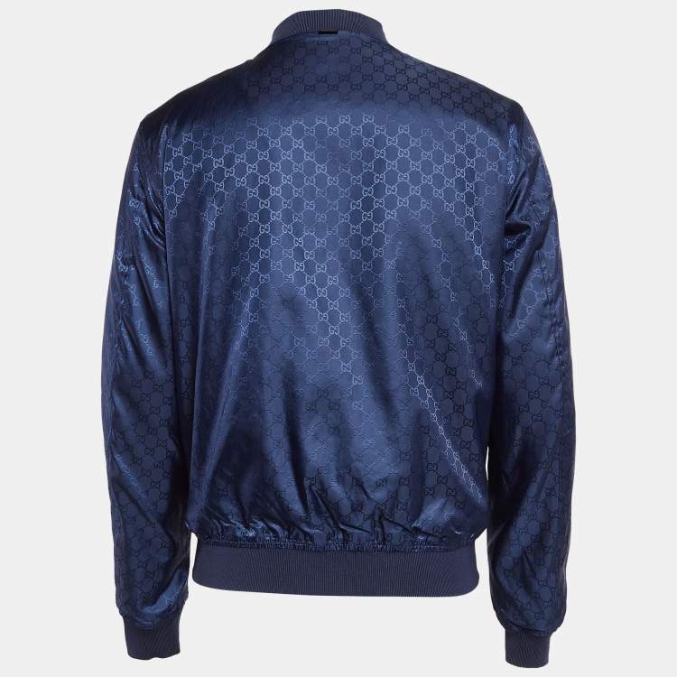Pre Owned Gucci Navy Blue Synthetic Monogram Reversible Bomber Jacket L