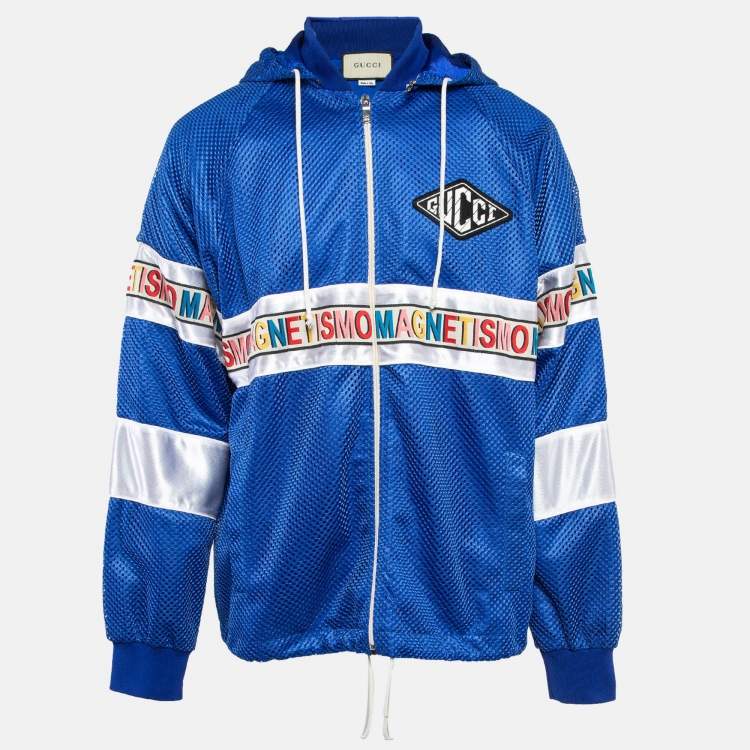Pre Owned Gucci Blue Mesh Magnetismo Tape Detail Hooded Jacket XL