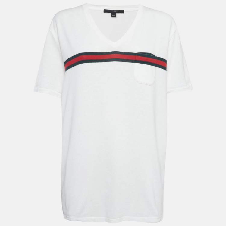 Pre Owned Gucci White Logo Stripe Jersey V-Neck T-Shirt XXXL