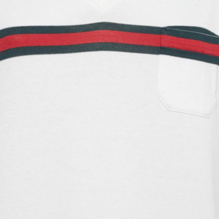Pre Owned Gucci White Logo Stripe Jersey V-Neck T-Shirt XXXL