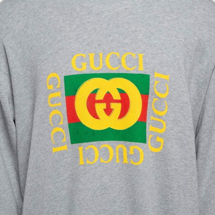Pre Owned Gucci Grey Logo Print Cotton Knit Tiger Applique Oversized Sweatshirt XXXL