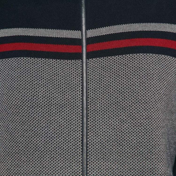 Pre Owned Gucci Navy Blue Patterned Cotton Knit Zip Front Jacket XL