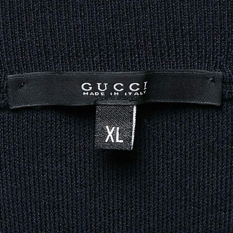 Pre Owned Gucci Navy Blue Patterned Cotton Knit Zip Front Jacket XL