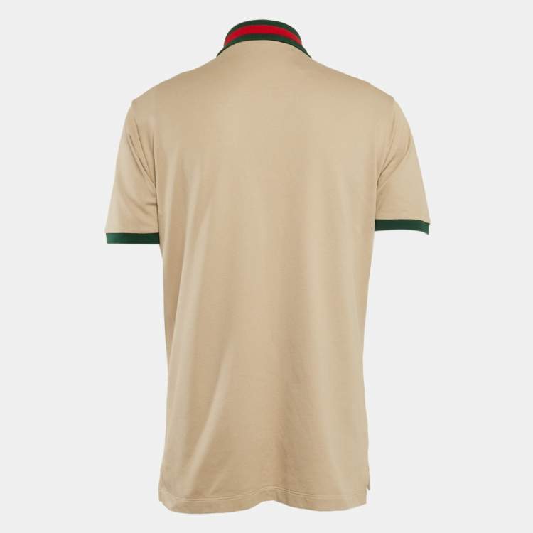 Pre Owned Gucci Beige Web Collar Cotton Piquet Polo T-Shirt L
