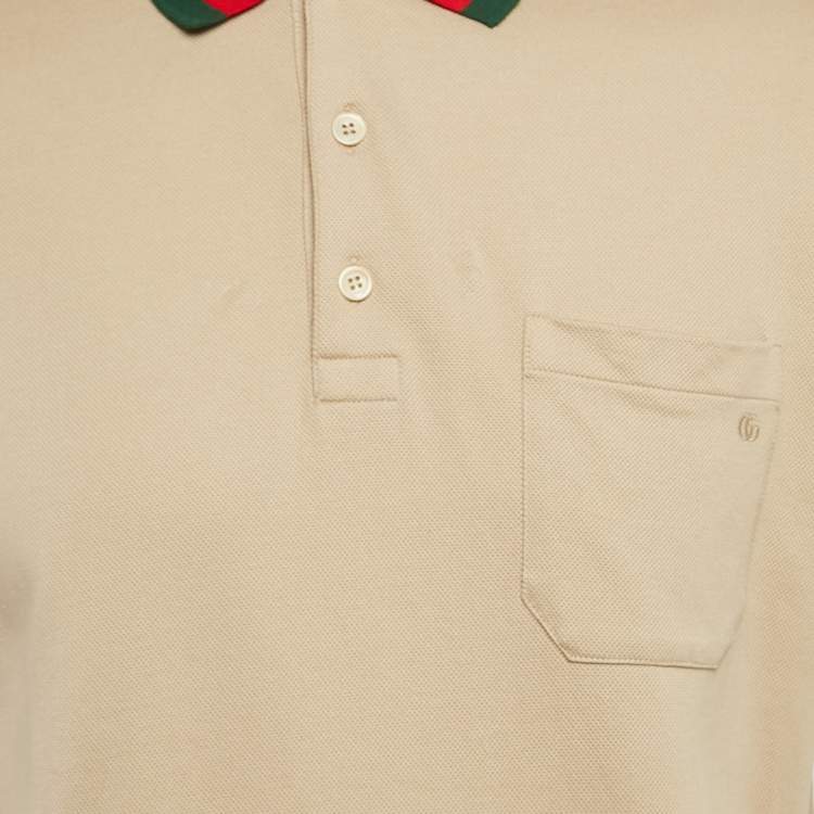 Pre Owned Gucci Beige Web Collar Cotton Piquet Polo T-Shirt L