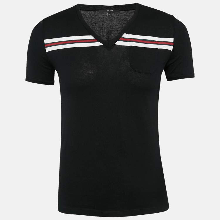 Pre Owned Gucci Black Web Cotton Knit V-Neck T-Shirt S