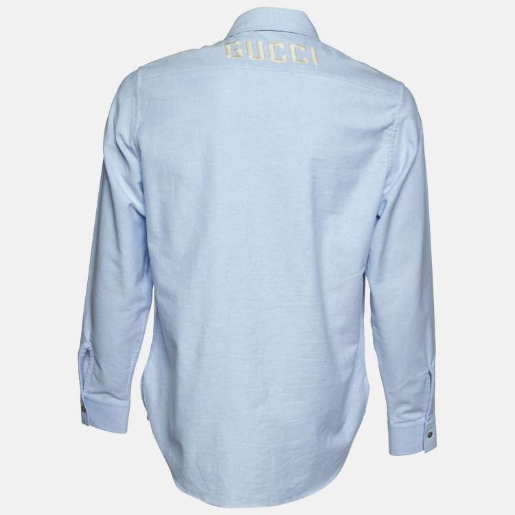 Pre Owned Gucci Blue Cotton Logo Embroidered Long Sleeve Shirt S