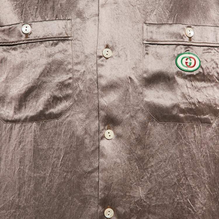 Pre Owned Gucci Brown Logo Applique Satin Hawaii Bowling Shirt S