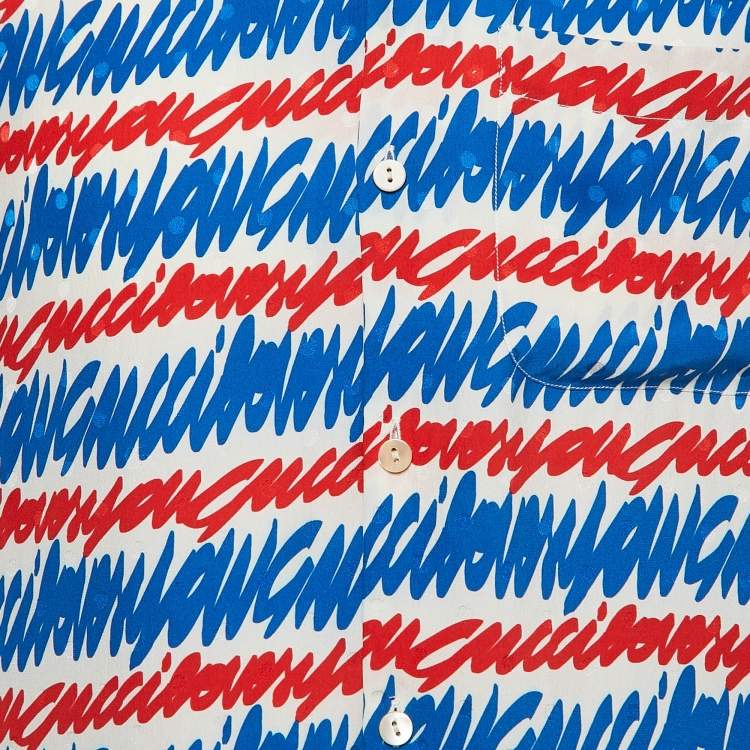 Pre Owned Gucci Red/Blue I Love You Print Silk Short Sleeve Shirt S