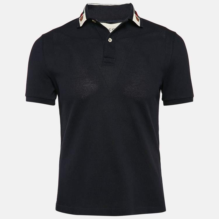 Gucci Navy Blue Web Collar Pique Jersey Polo T Shirt S Gucci TLC