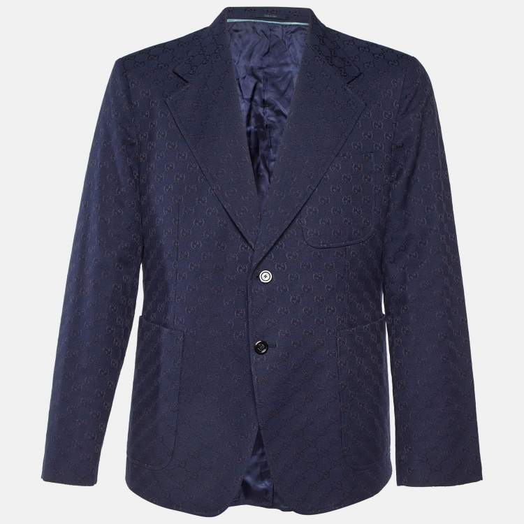 Pre Owned Gucci Navy Blue GG Supreme Jacquard Cotton Blend Blazer XXL