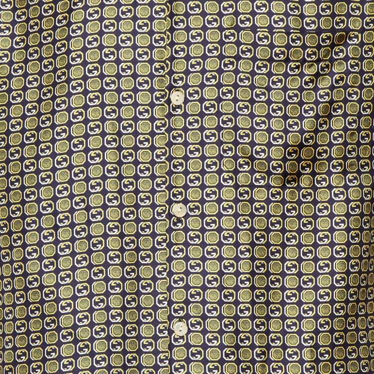 Pre Owned Gucci Yellow/Blue Logo Print Silk Shirt and Pant Set M