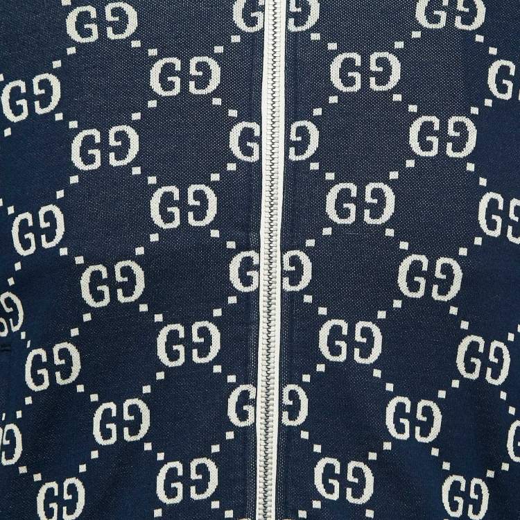 مملوكة مسبقًا Gucci Navy Blue GG Supreme Jacquard Cotton Knit Zip-Up Cardigan XS