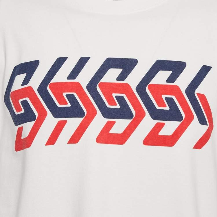 Pre Owned Gucci Off-White Logo Mirror Print Jersey Crew Neck T-Shirt XS