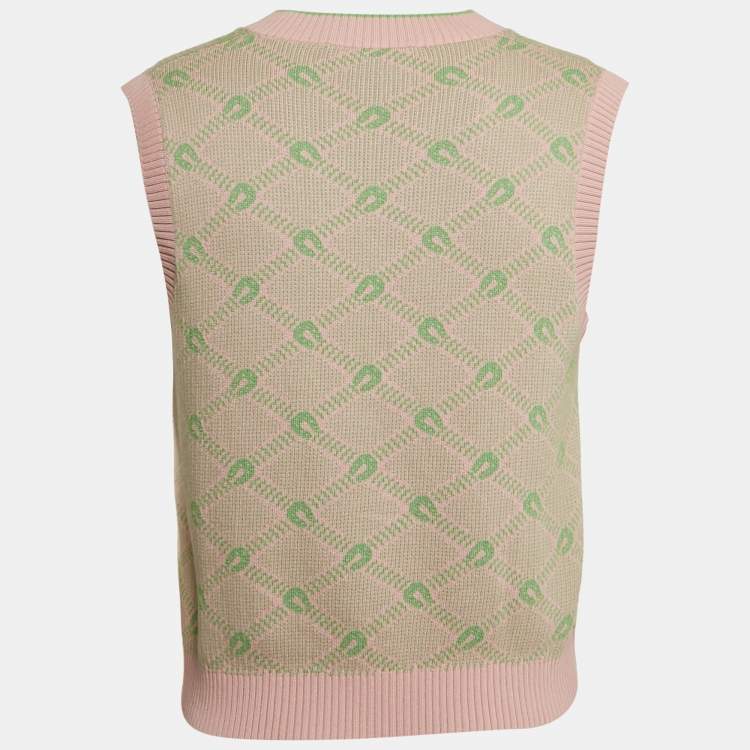Pre Owned Gucci Pink/Green GG Jacquard Cotton Knit Vest M