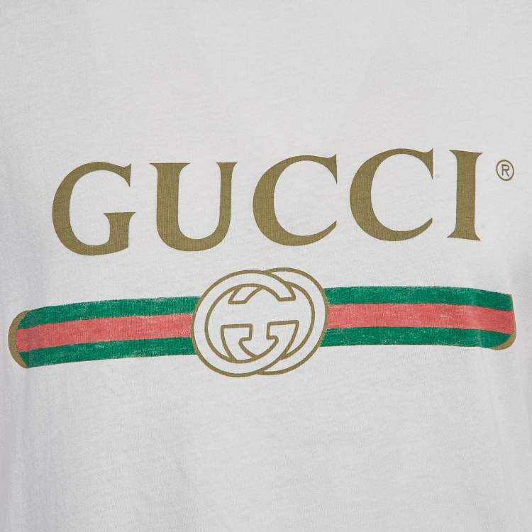 Pre Owned Gucci White Logo Print Cotton Round Neck T-Shirt XS