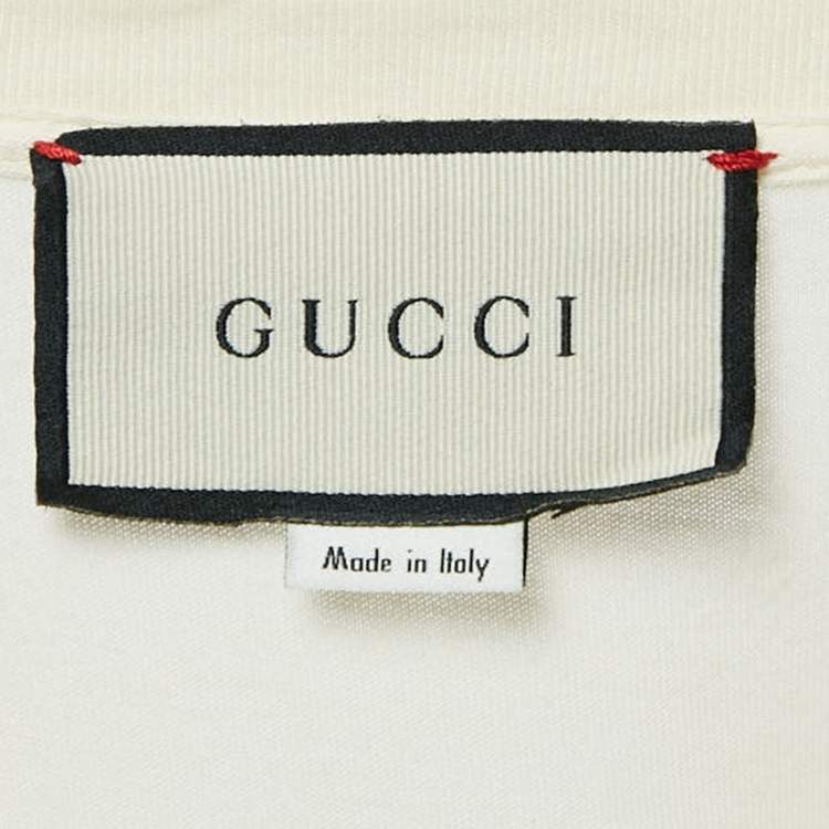 Pre Owned Gucci Cream Logo Embellished Cotton Crew Neck T-Shirt M