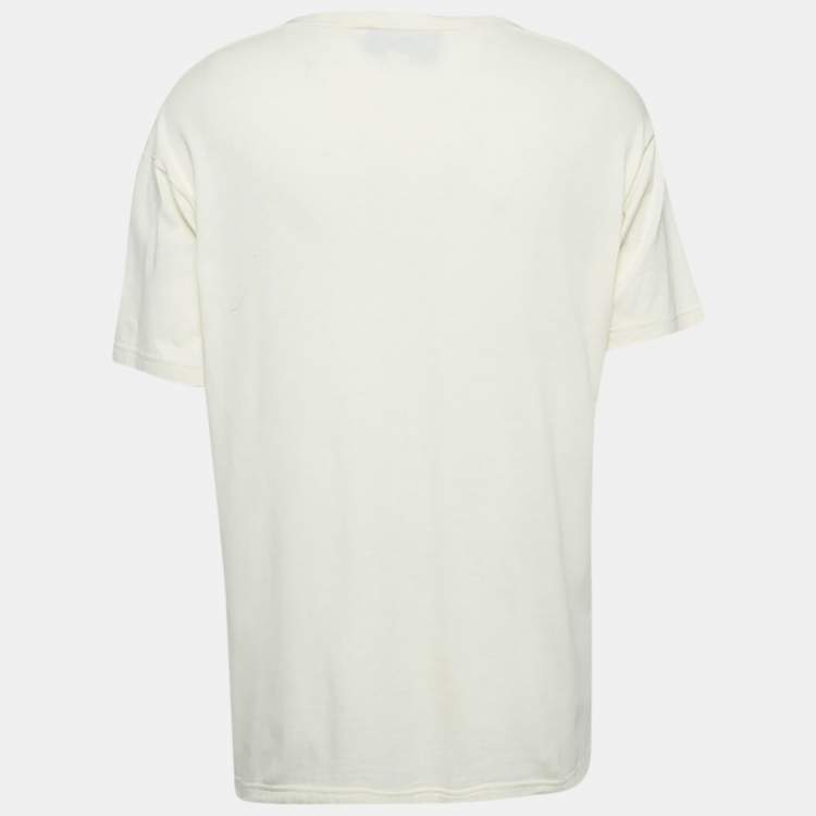 Pre Owned Gucci Cream Logo Embellished Cotton Crew Neck T-Shirt M