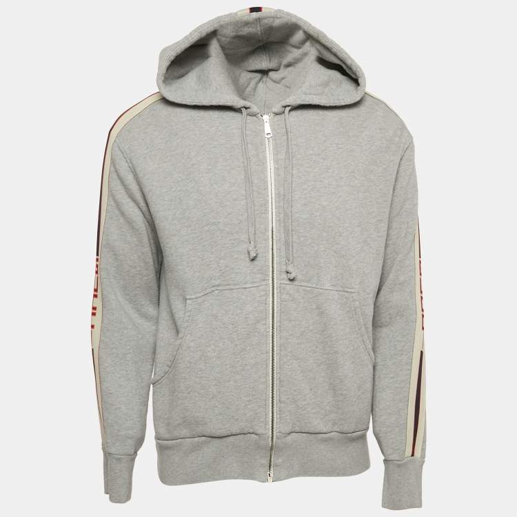 Pre Owned Gucci Grey Cotton Knit Contrast Trim Detail Hooded Zip-Up Sweatshirt M
