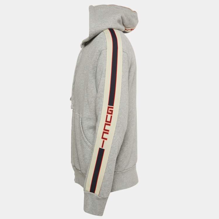 Pre Owned Gucci Grey Cotton Knit Contrast Trim Detail Hooded Zip-Up Sweatshirt M