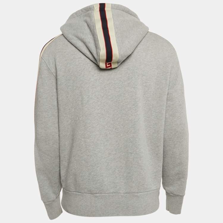 Pre Owned Gucci Grey Cotton Knit Contrast Trim Detail Hooded Zip-Up Sweatshirt M