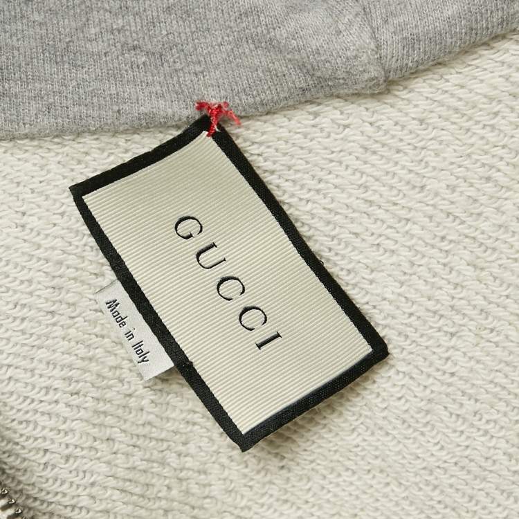 Pre Owned Gucci Grey Cotton Knit Contrast Trim Detail Hooded Zip-Up Sweatshirt M