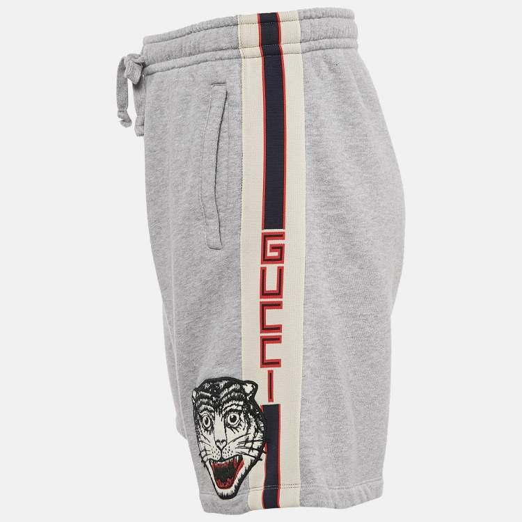 Pre Owned Gucci Grey Tiger Applique Cotton Knit Logo Tape Detail Shorts M
