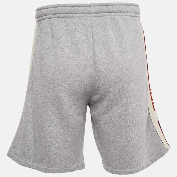 Pre Owned Gucci Grey Tiger Applique Cotton Knit Logo Tape Detail Shorts M