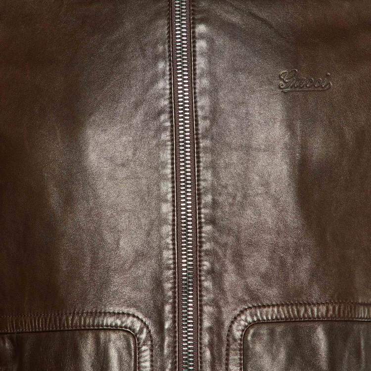 Pre Owned Gucci Brown Leather Bomber Jacket S