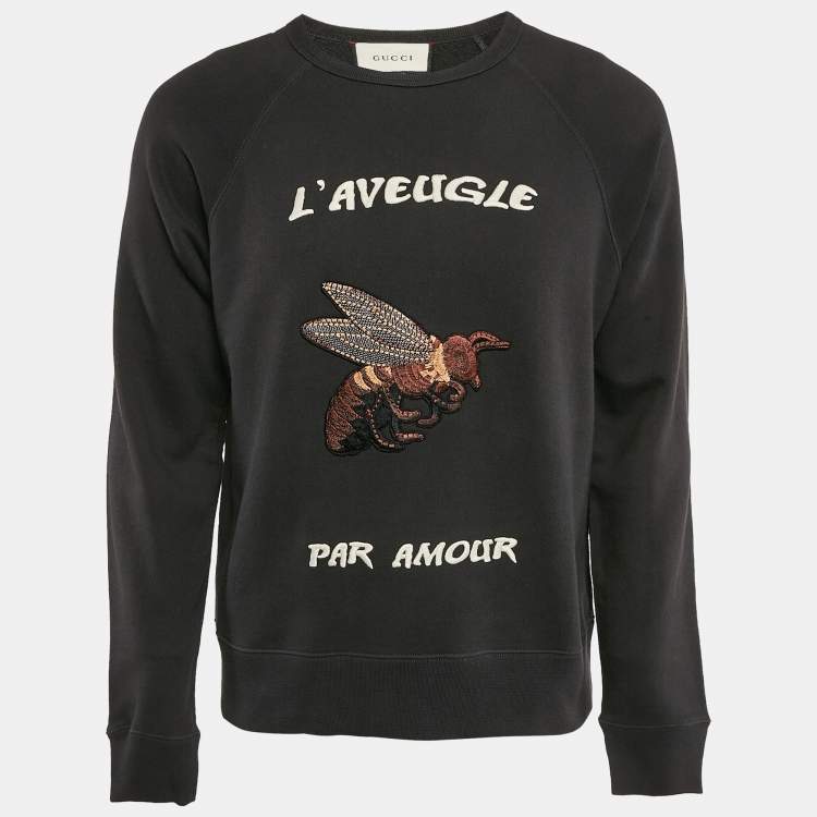 Pre Owned Gucci Charcoal Black Bee Embroidered Cotton Sweatshirt S