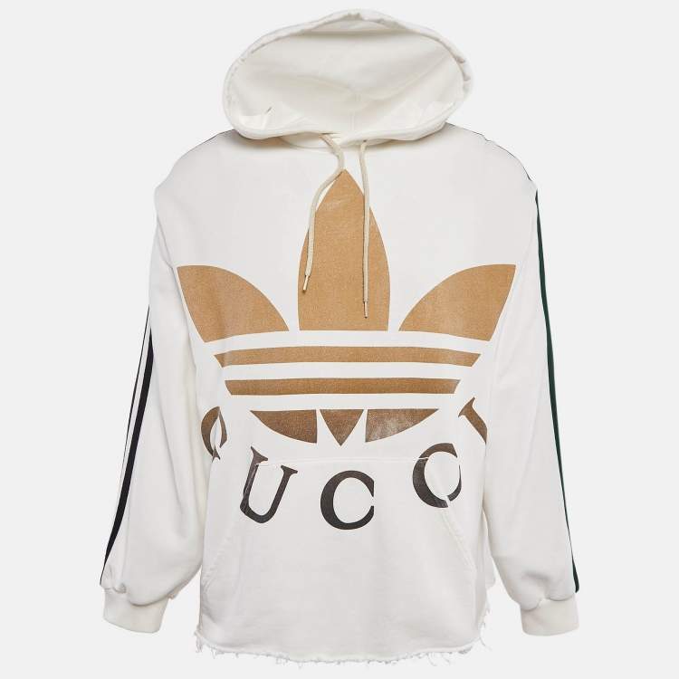 Pre Owned Gucci White Logo Print Cotton Hooded Sweatshirt S
