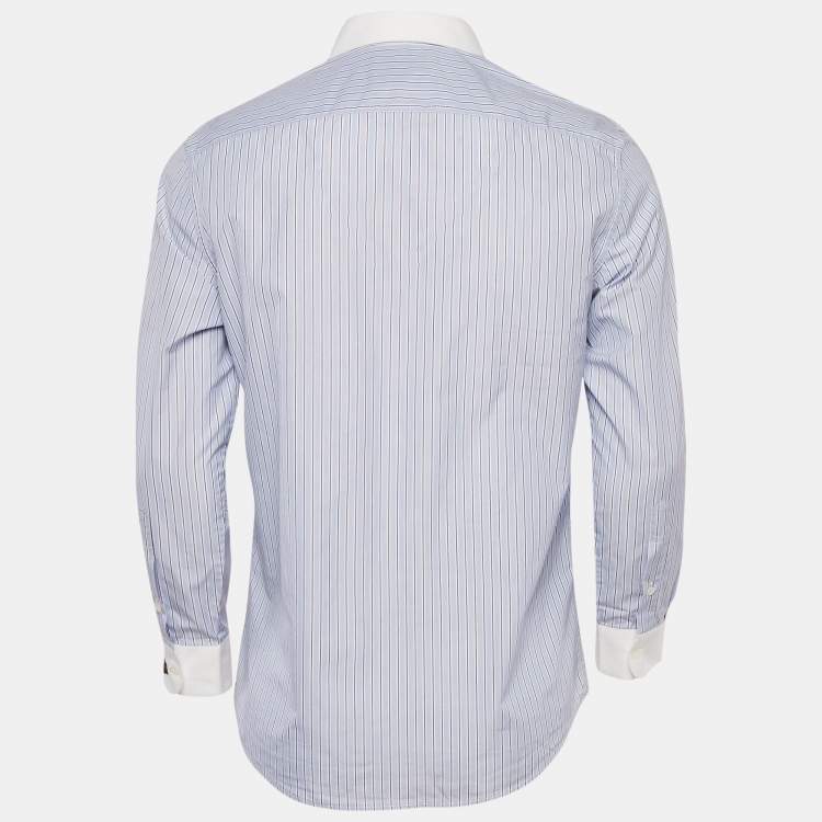 Pre Owned Gucci Blue Striped Cotton Butterfly Embroidered Duke Shirt M