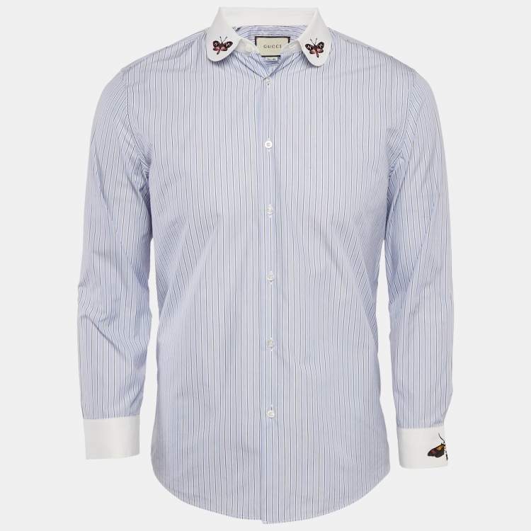 Pre Owned Gucci Blue Striped Cotton Butterfly Embroidered Duke Shirt M