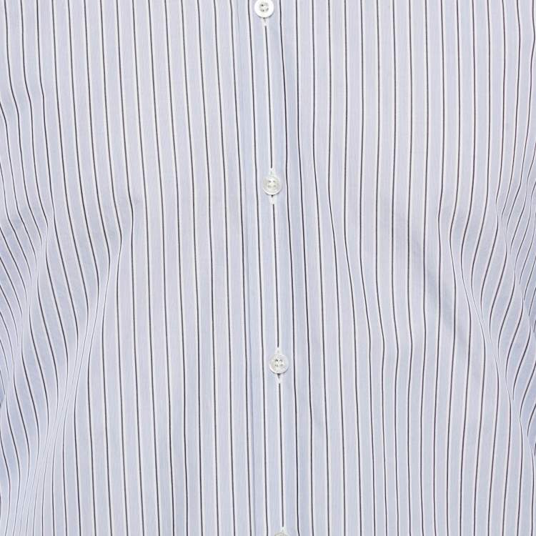 Pre Owned Gucci Blue Striped Cotton Butterfly Embroidered Duke Shirt M