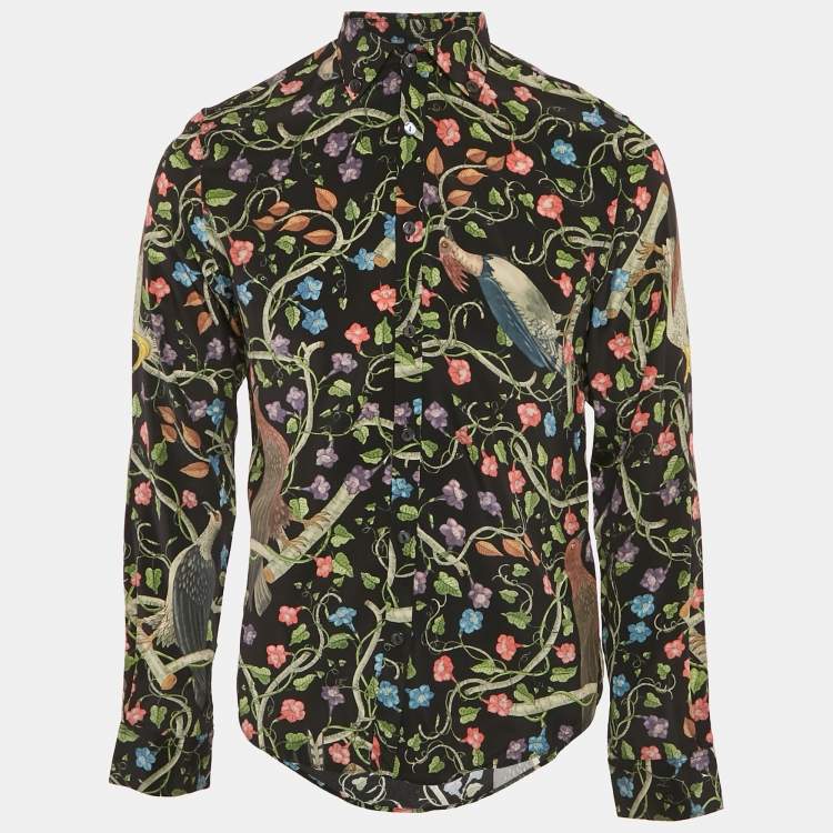 Pre Owned Gucci Black Birds Of Prey Print Silk Button Down Collar Shirt M